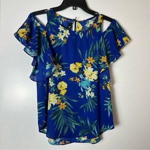 BCX Women’s Blue and Yellow Floral Shoulder Cut Out Blouse - Size Extra …